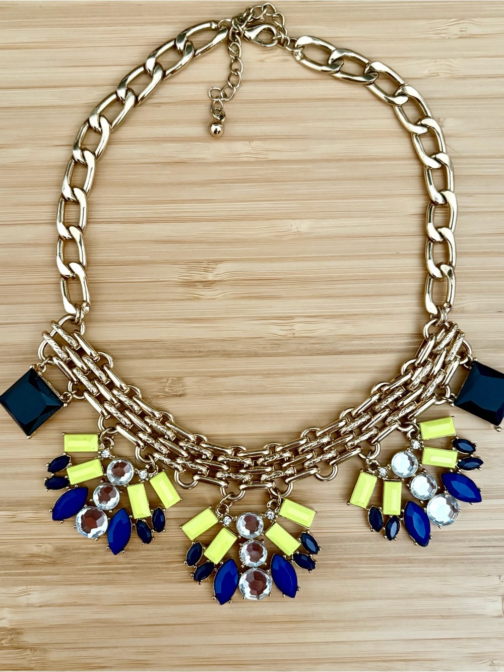 Gold Chunky Statement Necklace with Navy Blue and Neon Green Gem Accents